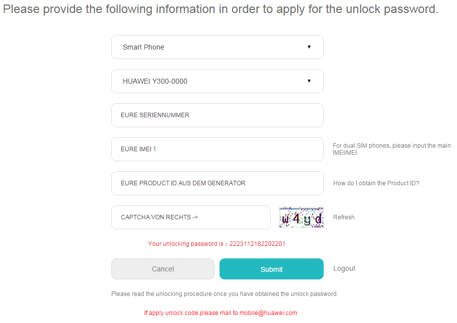 Huawei Unlock Form