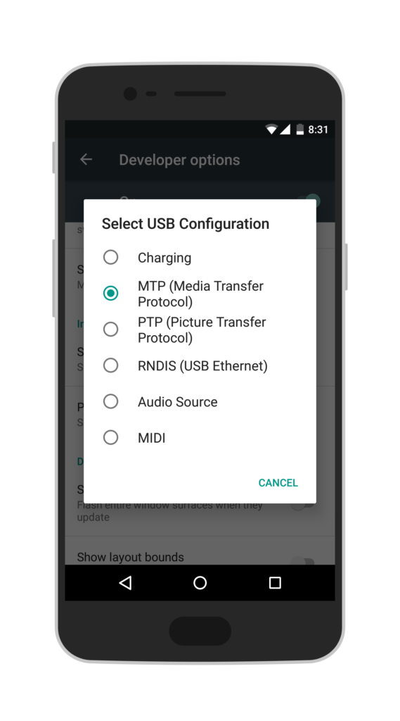 Enable MTP Transfer Mode