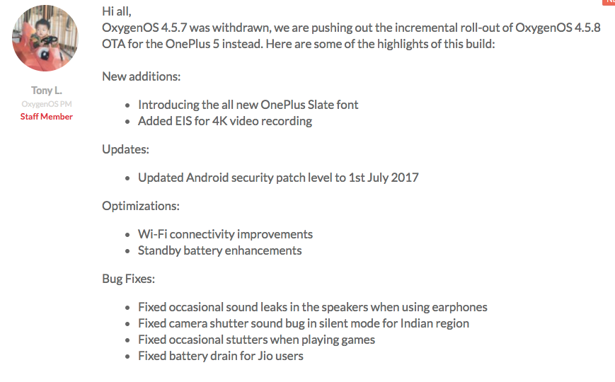 OxygenOS 4.5.8 For OnePlus 5 Changelogs