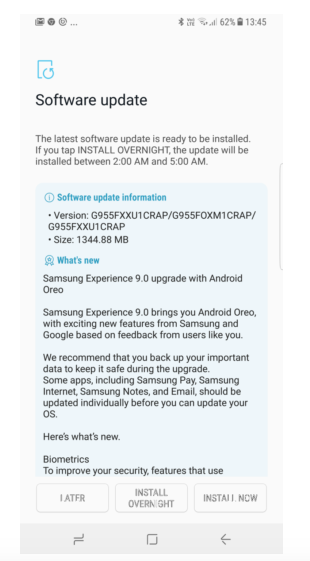 Galaxy S8 Plus Oreo Update
