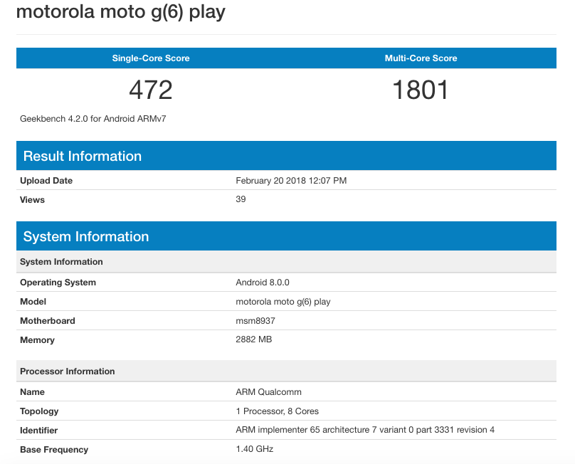 Moto G6 Play's specifications confirmed as it appears on Geekbench