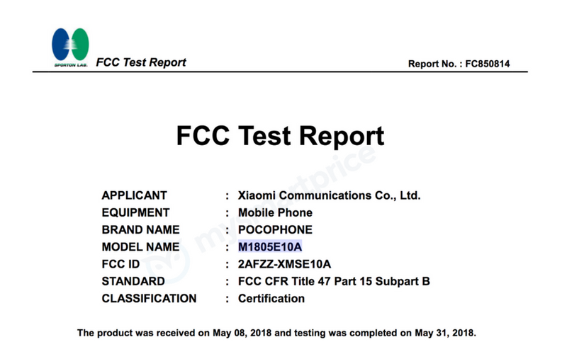 Xiaomi POCOPHONE Receives FCC certification, M1805E10A features 6GB RAM and 128GB of storage