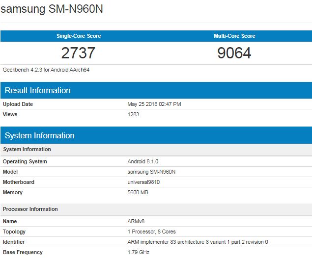 Samsung Galaxy Note 9 passed on Geekbench with Android 8.1 and 6GB RAM variant