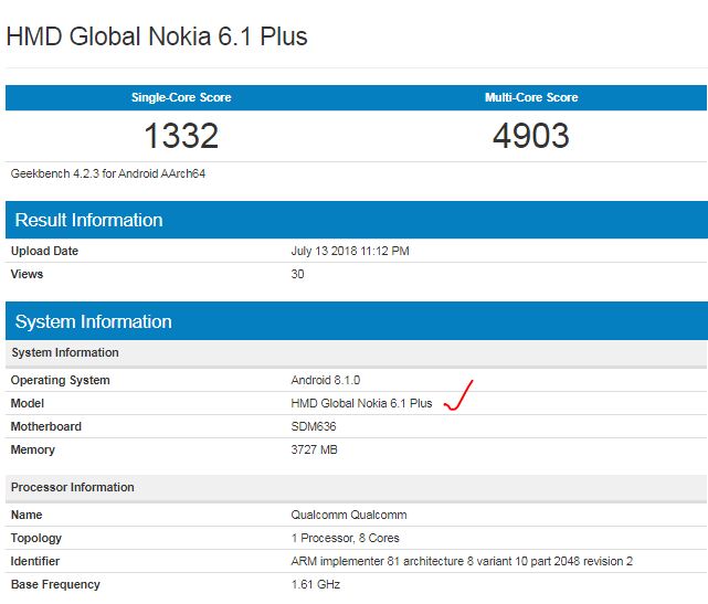 HMD Global Nokia 6.1 Plus spotted on Geekbench listing with Snapdragon 636 and Android 8.1 Oreo