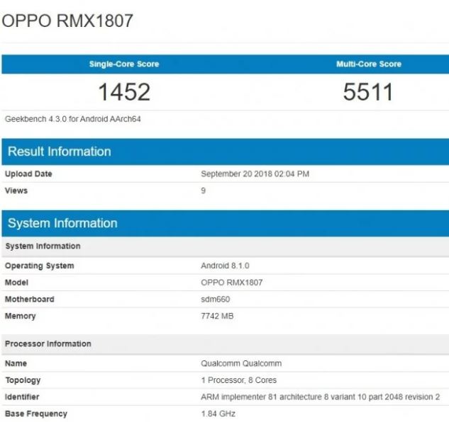 Realme 2 Pro spotted on Geekbench with Snapdragon 660 SoC and 8GB RAM