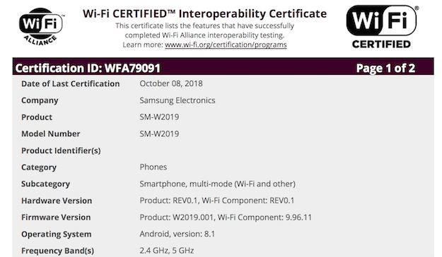 Samsung W2019 Flip Phone Gets Dual-Band Wi-Fi Certification, Will Be Snapdragon 845 Powered