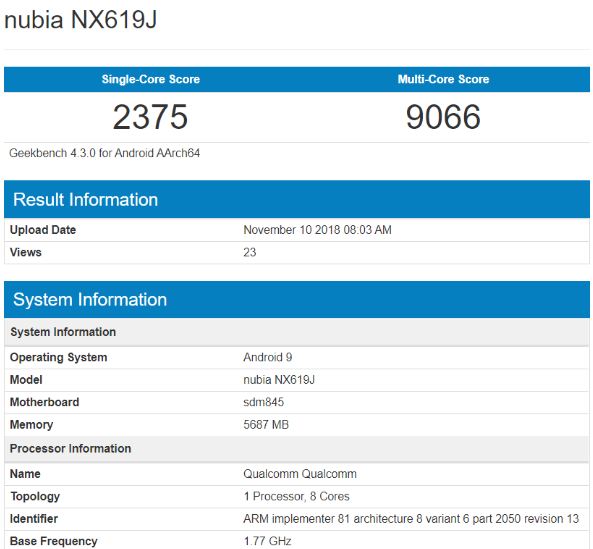 Nubia Red Magic Mars spotted on Geekbench with Snapdragon 845 and 6GB RAM