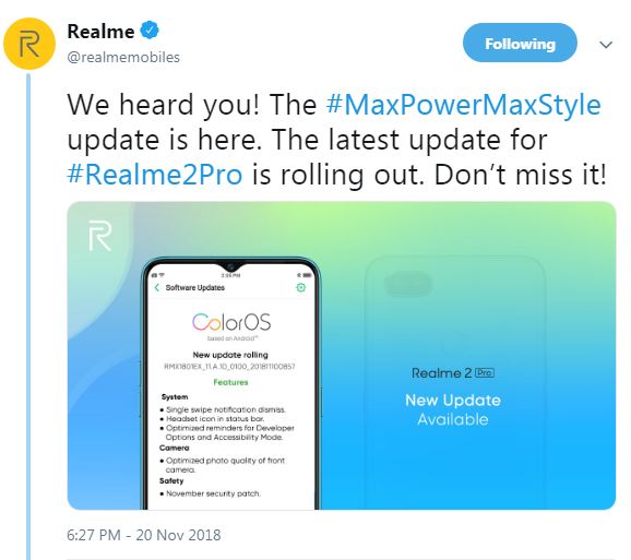 Realme 2 Pro starts receiving ColorOS OTA update officially