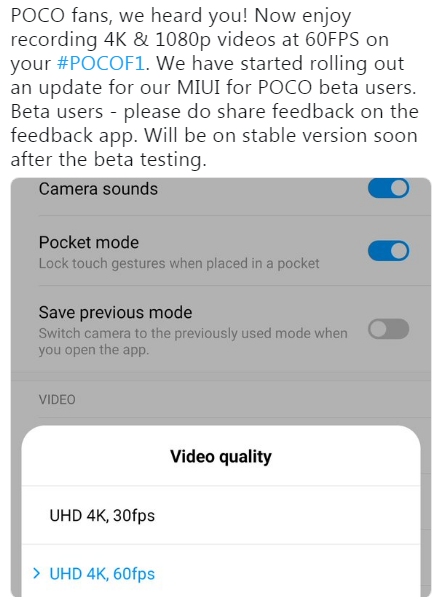 Finally, Poco F1 gets 4K and 1080P videos @60fps support