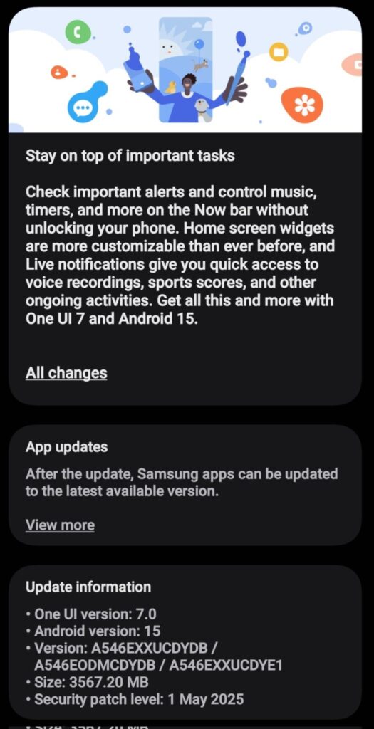 Galaxy A54 One UI 7 Update
