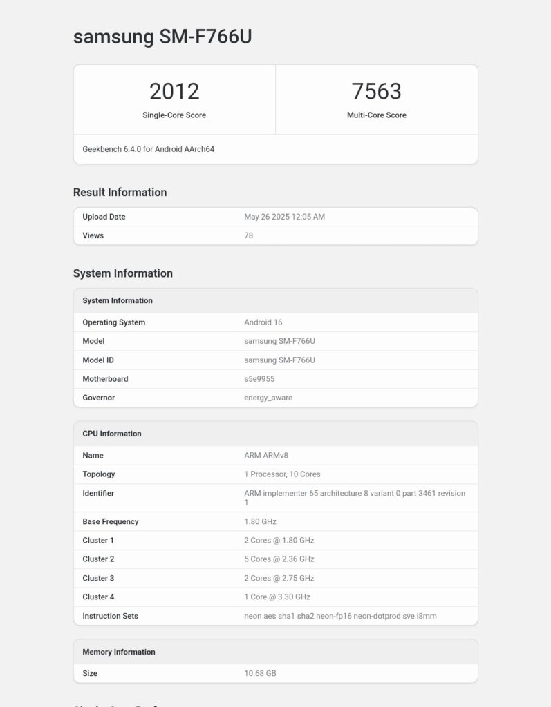 Galaxy Z Flip7's Geekbench Score